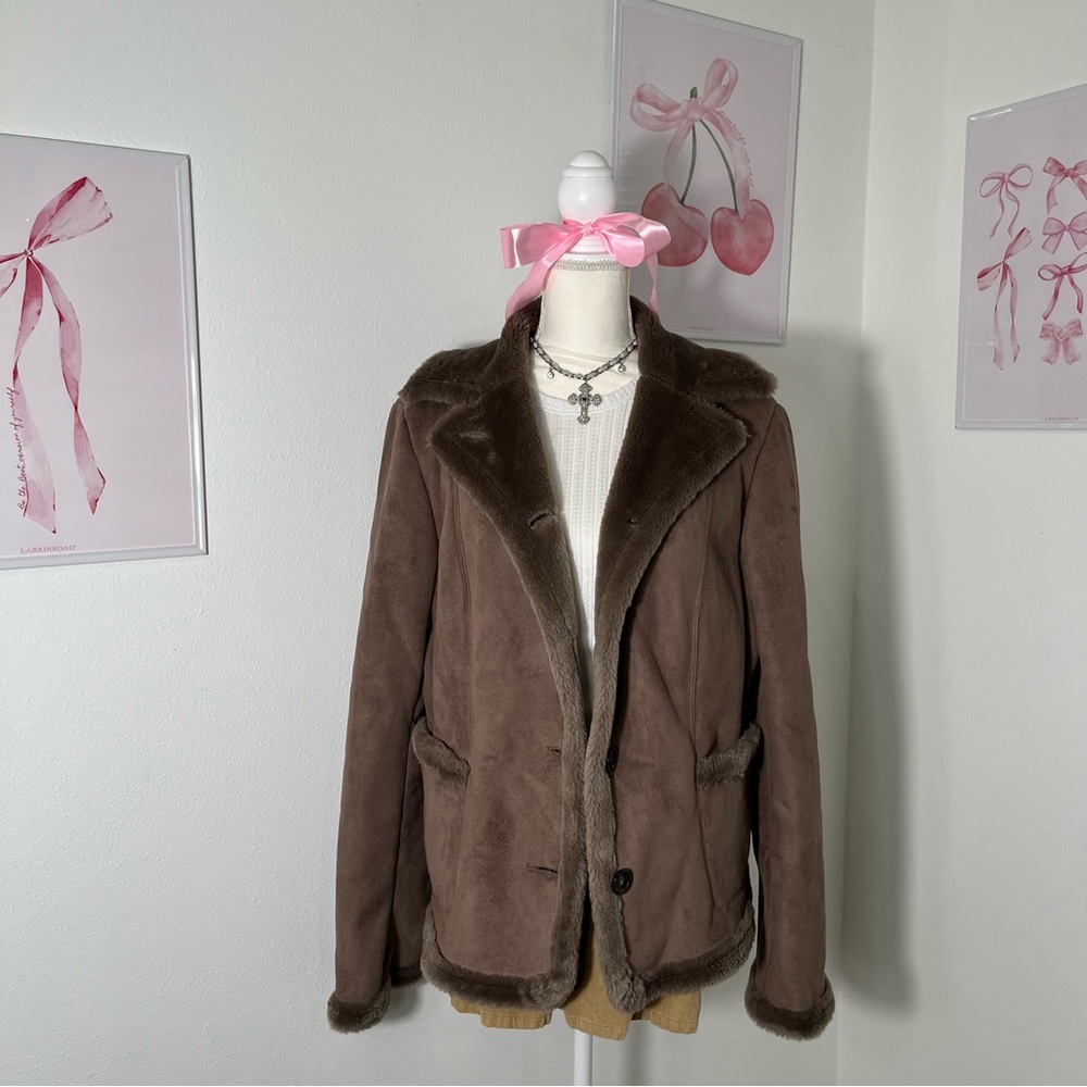 Vintage Ann Taylor 90s Penny Lane Brown Tan One Button Collared Coat Womens Lg